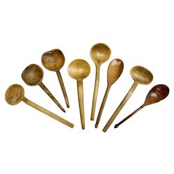 Group of beech and sycamore Welsh Cowl and other spoons, largest example L21.5cm