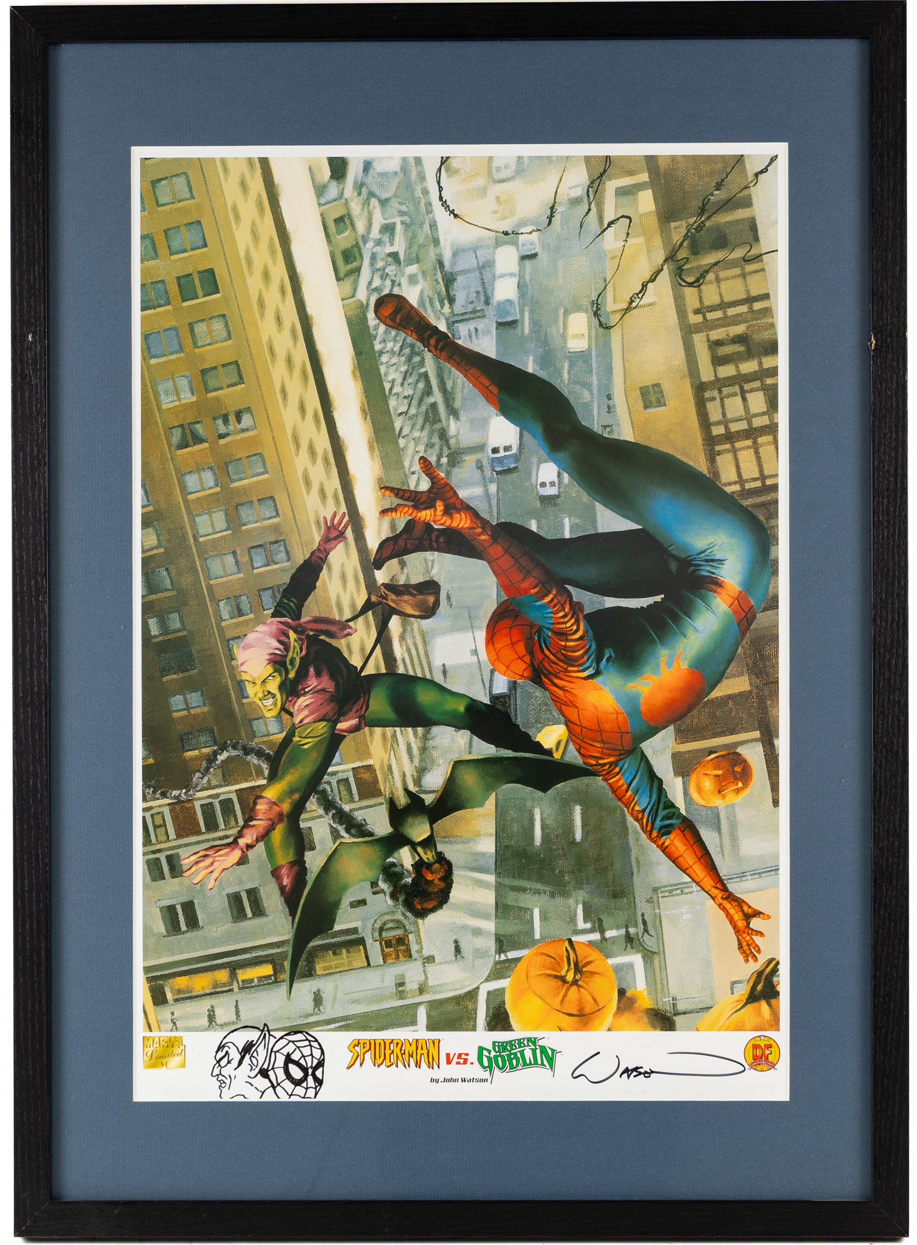 Three limited edition Dynamic Forces Marvel prints, comprising Spider-Man Reflection of Evil no. 141/1962, Spider-Man vs. Green Goblin signed by artist John Watson and The Hulk Bursting Out signed by artist Matt Busch limited no. 428/1000 with certificate of authenticity, largest H57cm, W38cm