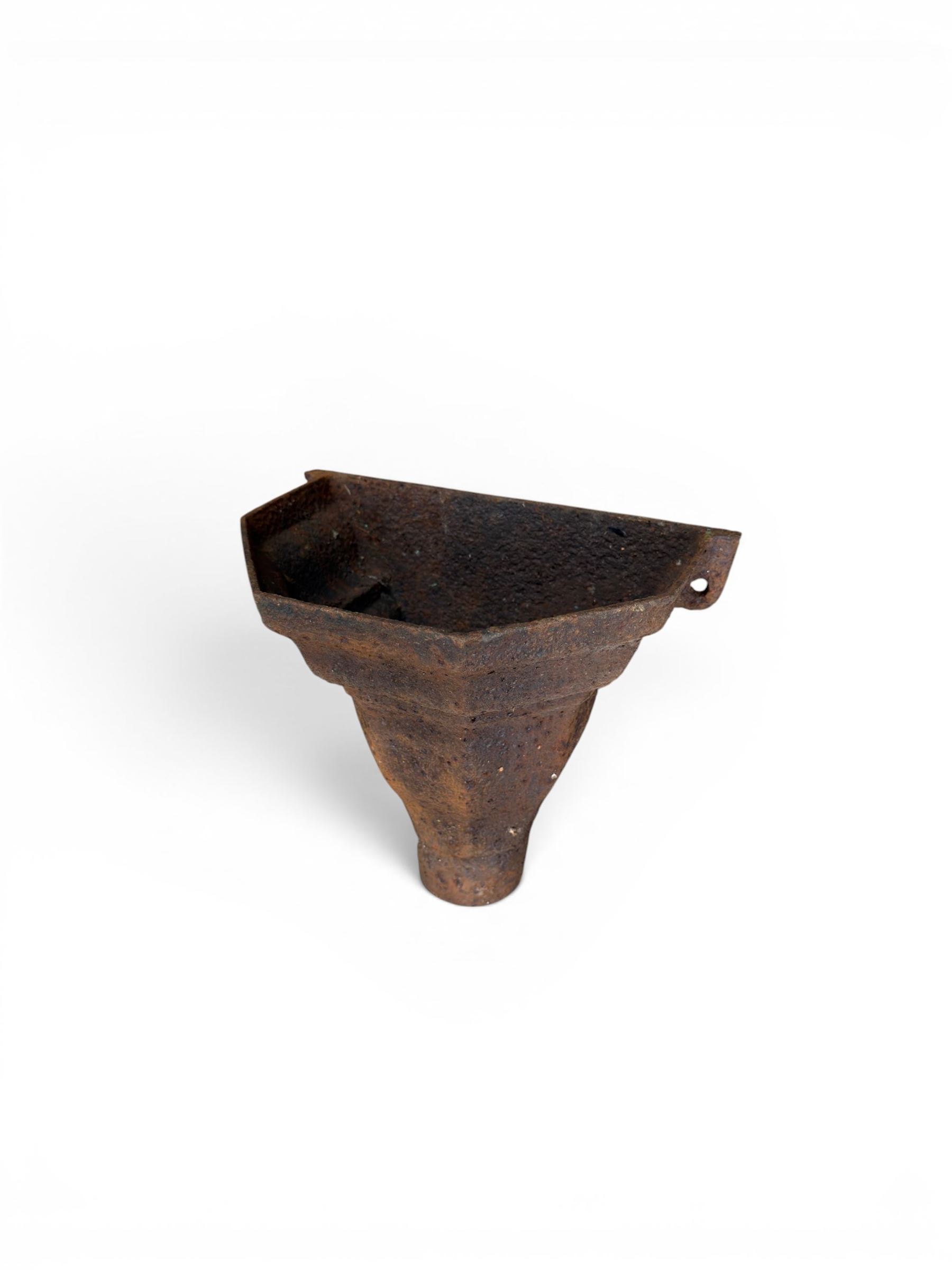 Four Victorian cast iron drain hoppers, various designs, painted in black and unfinished