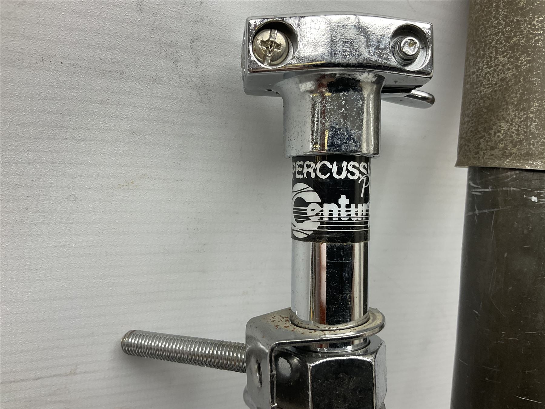 Spanish BM acoustic guitar with mahogany back and sides and spruce top L101cm; in cello carrying case; Roland foot pedal and two Yamaha foot pedals; tin D# organ pipe; folding music stand etc