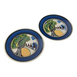 Wedgwood Bizarre by Clarice Cliff, Two sets of Blue Autumn Colonial Teacup, saucer and side plate, limited edition 273 and 273 of 500, both with certificate and box