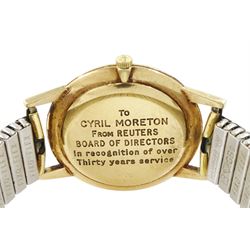 Longines gentleman's 9ct gold manual wind presentation wristwatch, Cal. 420, silvered dial with baton hour markers and subsidiary seconds dial, London 1965, on expanding gilt bracelet