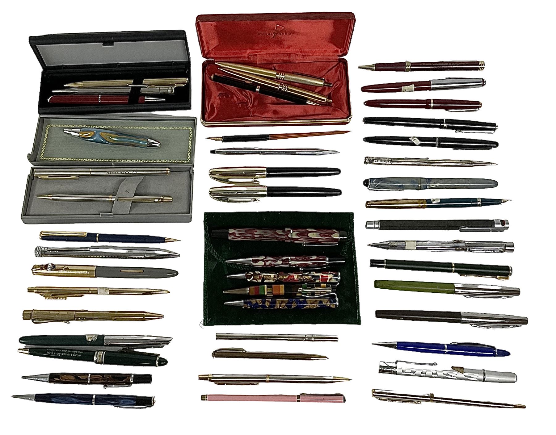 Large quantity of pens and propelling pencils, to include Rotring ballpoint pen, Osmiroid fountain pen, Parker fountain pen, Platignum ballpoint, etc, together with quantity of cases and boxes