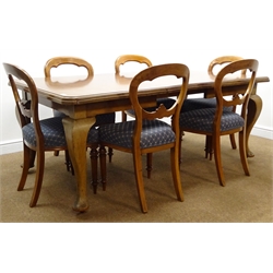  Victorian mahogany extending dining table with moulded top, on cabriole legs, (182cm x 106cm, H74cm) and set six Victorian serpentine front mahogany balloon back dining chairs, carved splat, upholstered seat, turned tapering supports, (W46cm)  