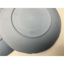 Collection of Wedgwood, to include queensware pattern fluted vase and plate, green majolica leaf dish, Jasperware in blue, green and black, to include covered trinket boxes, vases, plates etc   