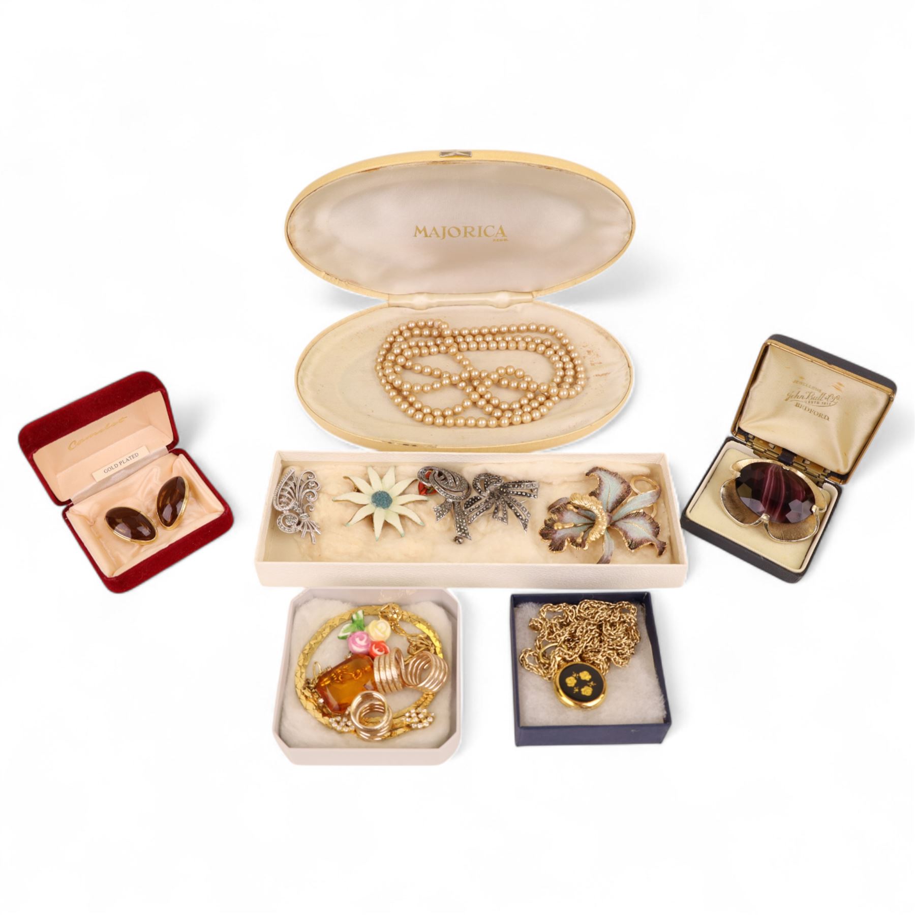 9ct gold stone set brooch front and chain, two silver marcasite brooches and a collection of costume jewellery