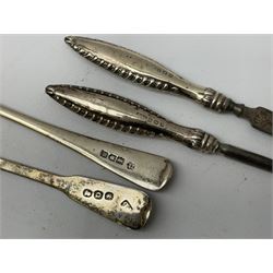 Small group of silver, to include Georgian Fiddle pattern teaspoon, later teaspoon, sugar tongs, etc., all hallmarked, approximate weighable silver 59 grams, approximate gross weight 113 grams