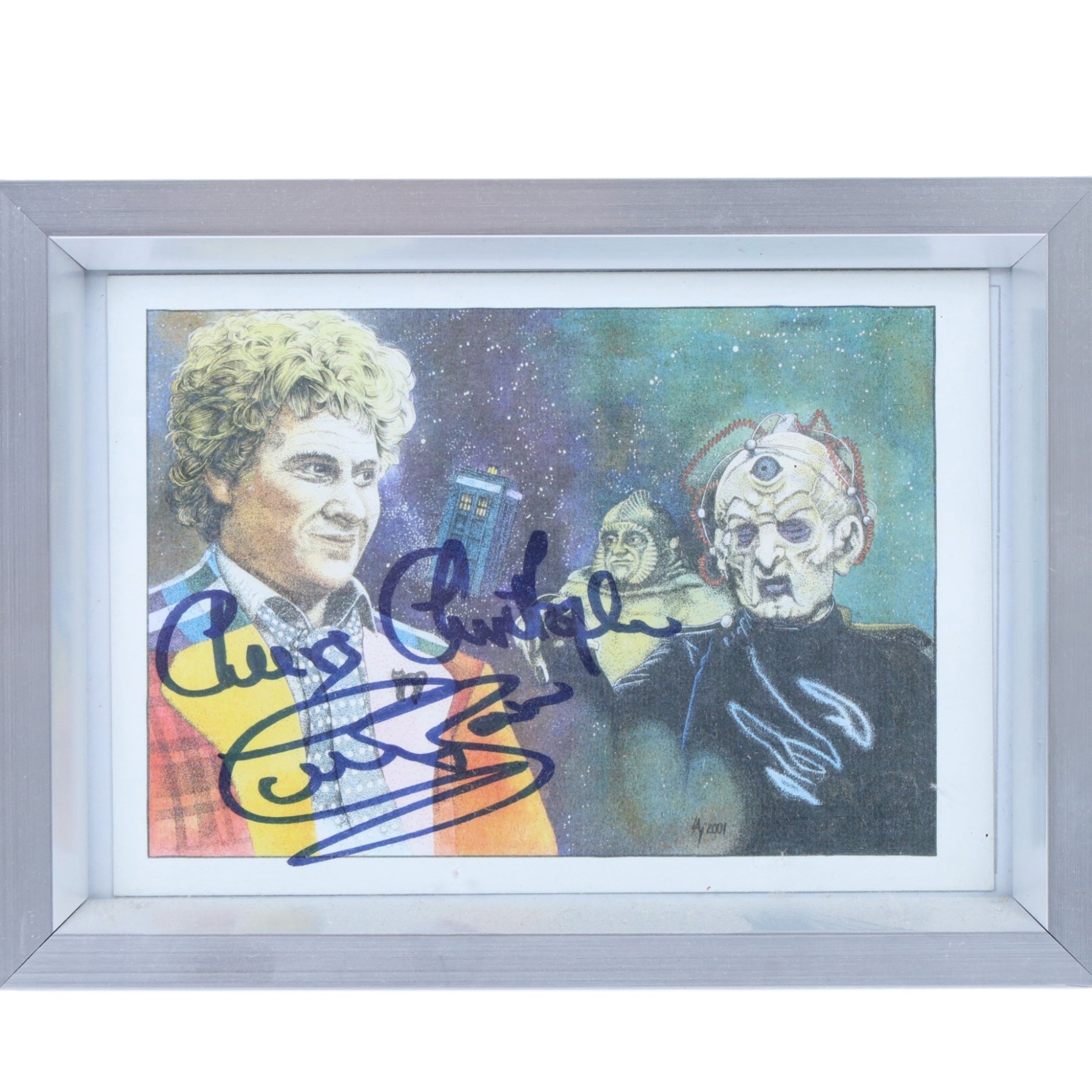 Doctor Who prints and signed memorabilia, including first day cover with signatures of Tom Baker, Peter Davidson, Colin Baker and Sylvester McCoy, signed print of Katy Manning, print of Billy Piper and Christopher Ecclestone with spurious signatures, Tardis print, etc