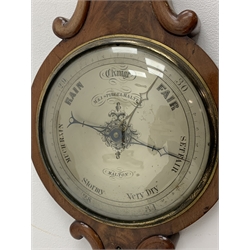 Victorian figured mahogany barometer, pointed arched pediment above mercury thermometer, silvered dial inscribed 'M & J. Spiegelhalter, Malton', applied carved anthemion and rounded mouldings, H103cm