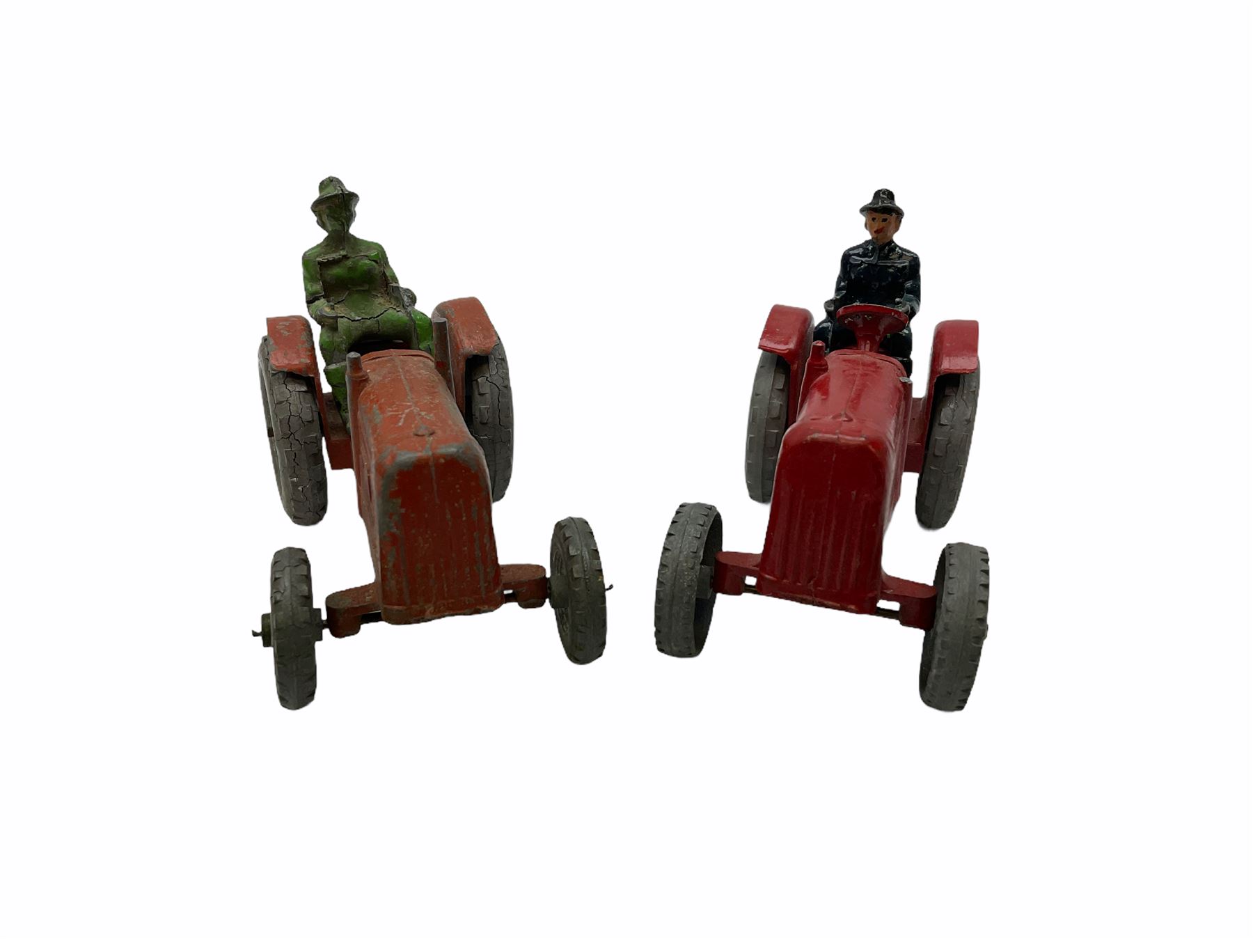 Lead figures - pre-war Charbens goat cart with girl; Timpo ploughman; Timpo cow; Salco Dray Carts; see-saw boat with boy and girl; two Charbens tractors; Taylor & Barrett governess cart; six Wendal figures etc