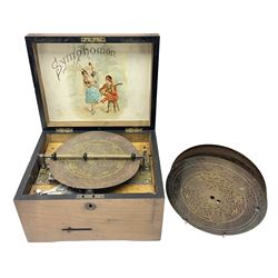 Symphonia of Leipzig - late 19th century German polyphon with thirteen 20cm steel playing discs, mahogany case with original manufacturer illustrated trade label on the underside of the lid, single comb with 41 teeth (one broken), crank key missing. Movement untested.