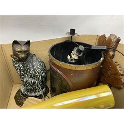 Japanese ceramic egg, three Japanese plates, various cat figures, treen etc in two boxes