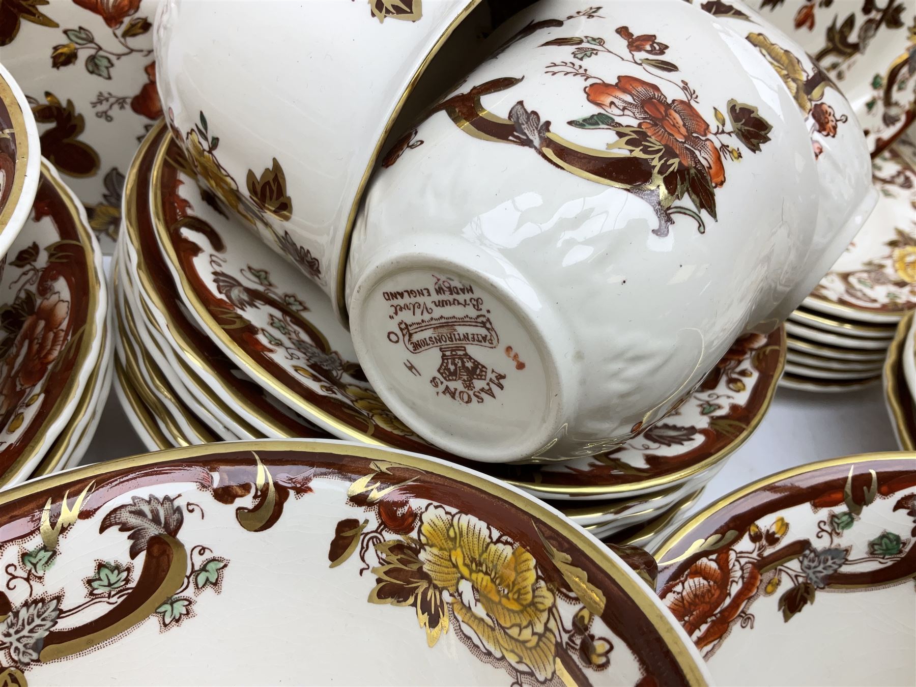 Masons Brown Velvet pattern tea and dinner wears, to include eight dinner plates, eight twin handled soup bowls and saucers, eight tea cups and saucers, cheese cover and plate, jug, meat platter etc (84)  