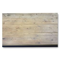 Late 20th century substantial pine refectory table, rectangular four-plank top over an indigo painted base featuring turned supports united by box stretchers