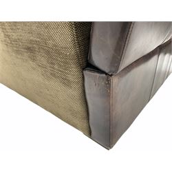 Knowle style grand drop arm sofa, upholstered in antique tan leather and fabric with contrasting scatter cushions