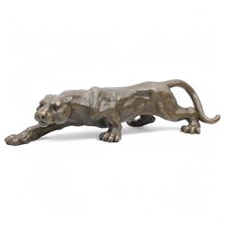 Bronze figure, modelled as a cougar or panther in crouching pose, signed Milo and also bearing foundry mark, L40cm