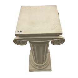 Classical Ionic style column in white finish with scrolled capital, fluted body on moulded plinth base (H97cm), and a similar small column stand (H68cm)
