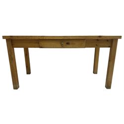 Solid pine farmhouse design kitchen table, rectangular top over single drawer, on square supports 