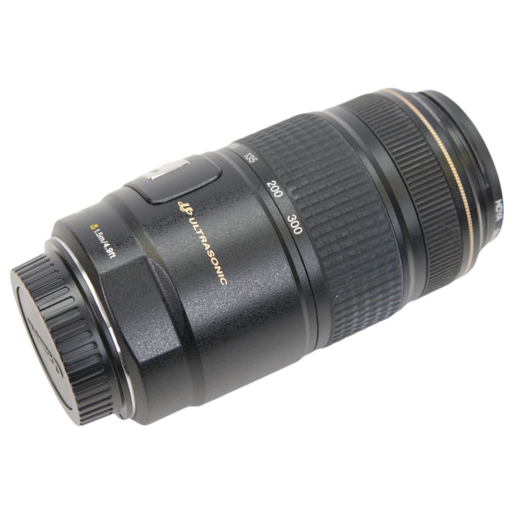 Two Canon Ultrasonic lenses, comprising EF 75-300mm 1:4-5.6 IS zoom lens serial no. 03201196 and EF 20mm 1:2.8 lens serial no. 5100131C, with a Canon EW-75II lens hood