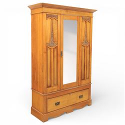 Early 20th century Art Nouveau walnut wardrobe, rectangular top over with single central m...