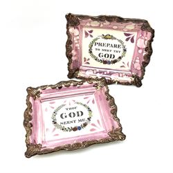 Two 19th century Sunderland pink lustre wall plaques, the first example inscribed Thou God Seest Me, the second example inscribed Prepare To Meet Thy God, H20cm L23cm. 