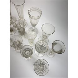 A group of early 19th century and later drinking glasses, to include two toastmaster type examples with deceptive bowls, together with a Bonnet glass or monteith, probably late 18th century. 