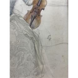 English School (19th century): Lady with Violin, pencil and watercolour signed with indistinct monogram WFC? 30cm x 22cm