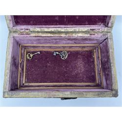20th century box, decorated in faux leather with the royal coat of arms and GR 1719 to hinged cover, with fleur-de-lis, lion, crown and rose motifs throughout and studs to all edges, opening to reveal a purple velvet interior containing three removable wooden trays, H18.5cm