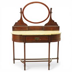 Edwardian inlaid mahogany dressing table, serpentine fronted marble top over central friez...