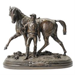 After Pierre Jules Mene (French 1810-1879): Vainqueur!!!, bronze equestrian group of a Der...