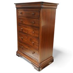 Willis & Gambier - French cherry wood five-drawer chest, the moulded cornice over slide with interior jewellery box all baize lined, two short and three long drawers with turned wooden knobs, on shaped bracket feet