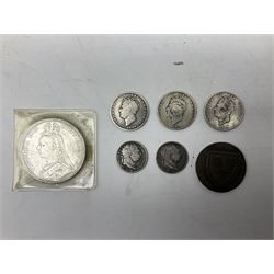 Mostly Great British coins, including George IV 1825 and 1826 shillings, Queen Victoria 1887 crown, King George V 1914 and 1936 halfcrowns, other pre 1947 Great British silver coins, various pre-decimal coins, four Bank of England Somerset one pound notes, Shrewsbury 1793 halfpenny token, Irish and Bailiwick of Jersey coins etc