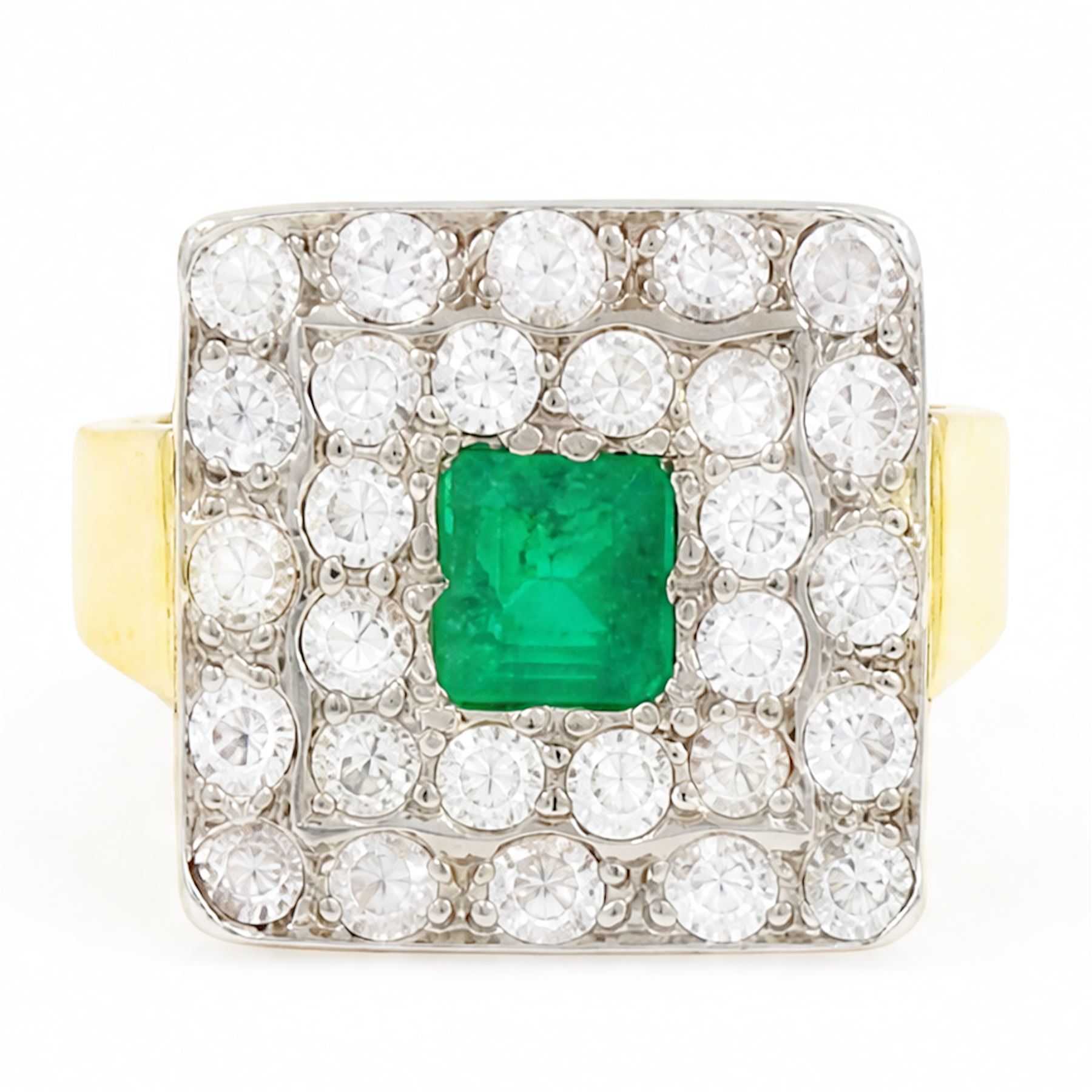 18ct gold emerald and diamond cluster ring, single octagonal cut emerald of approx 0.60 carat, surrounded by two rows of round cut diamonds in a square setting, total diamond weight approx 1.10 carat 