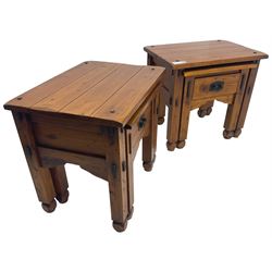 Pair of hardwood nesting lamp tables, rectangular top on square supports, the smaller table fitted with drawer
