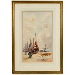 Frank Rousse (British fl.1897-1917): Unloading the Boats, watercolour signed 49cm x 29cm