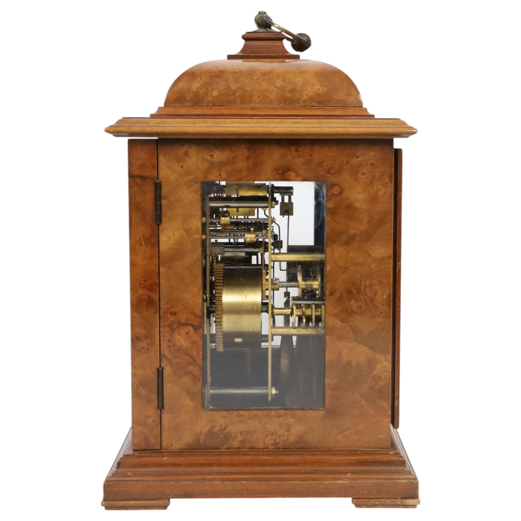  English burr walnut cased eight day chime bracket clock, with brass knopped carrying handle, with white chapter ring dial surrounded by four brass spandrels,  H30cm