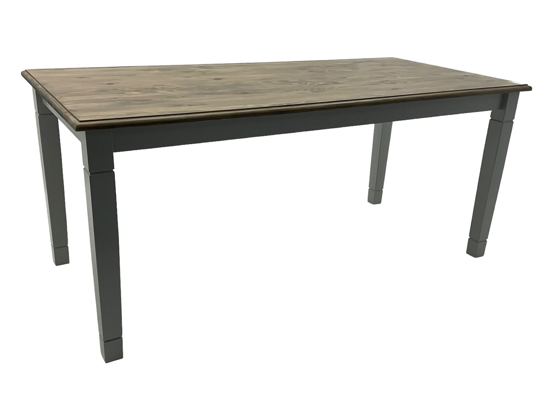 Pine kitchen dining table, rectangular moulded top on painted base, square tapering supports (180cm x 85cm, H78cm); and two matching benches 