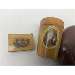 Two Mauchline ware boxes, comprising case modelled as a book depiciting The Ancient Entrance Gate, Stirling Castle, and lidded jar depicting Hythe Church, The Crypt, together with Russian lacquer box and other wood pot pourri bowl