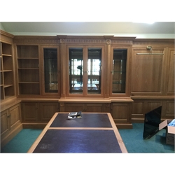  Bespoke craftsman made superior quality polished light oak panelled study library office comprising bookcases, lit by inset halogen lights, glazed display cabinets, cupboards, drawers, mirror, all set in Georgian fielded panels with fluted columns and traditional plinths, (desk included in next lot) approx 40k new. (viewing by appointment only Near Boroughbridge, contact William Duggleby).  