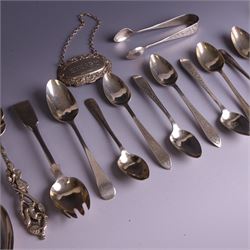 Collection of silver flatware, including pair of George III Fiddle patter table spoons and set of six Edwardian teaspoons with ivy decoration and matching sugar tongs, together with a silver 'Sherry' decanter label