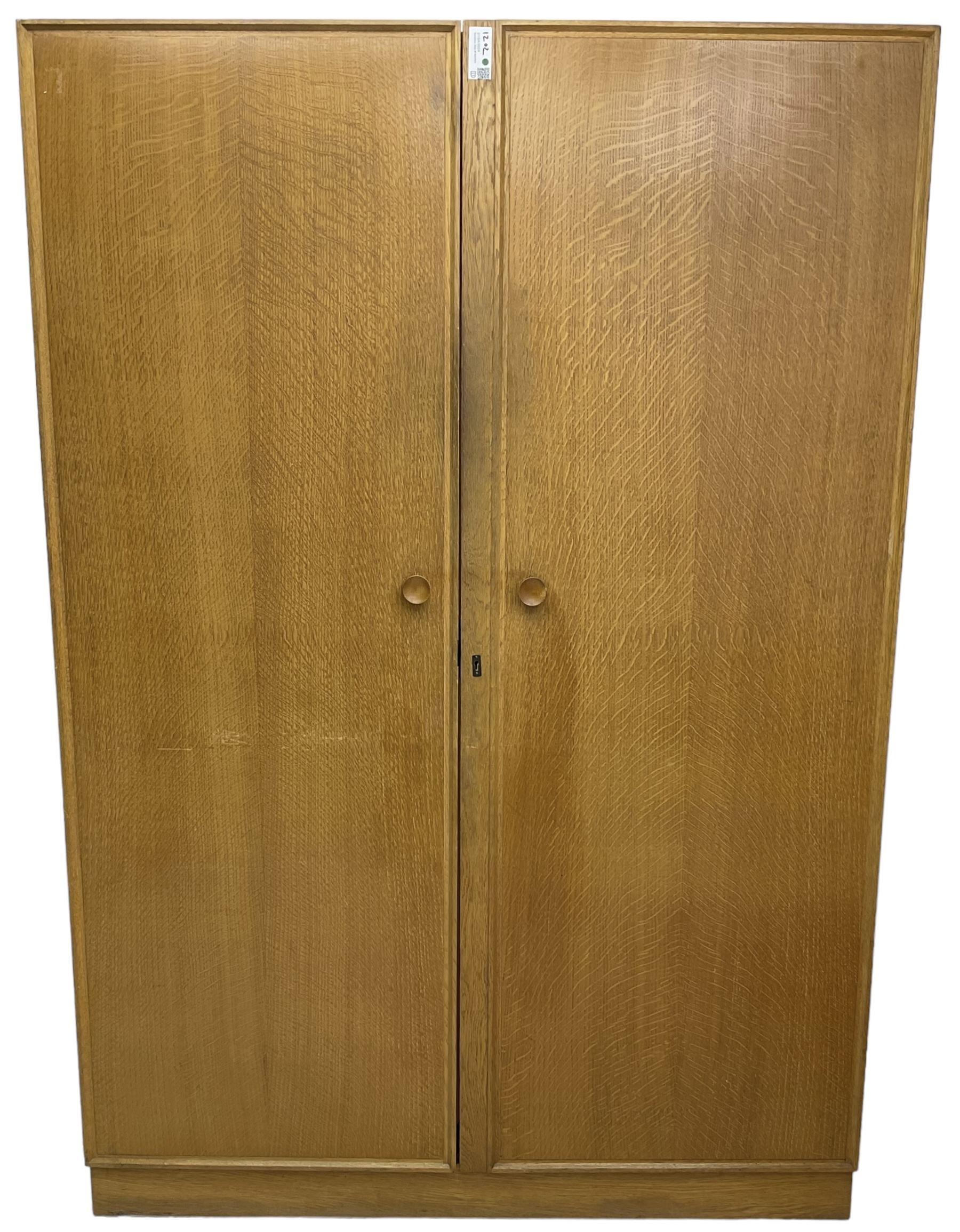 Meredew - mid-20th century oak single wardrobe (W61cm, H153cm, D46cm); and matching double wardrobe (W122cm, H176cm, D54cm)