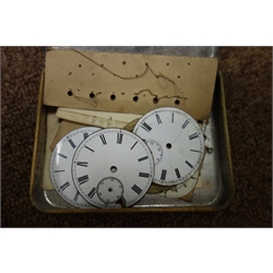  Collection of pocket watch glasses, pocket watch faces, small pine watch makers chest with contents   