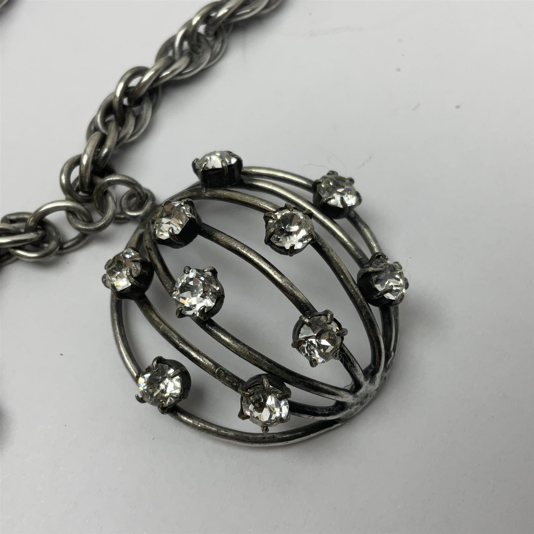 Joseff of Hollywood, circa 1950s metal and white paste necklace, with three graduated pendant drops set with white paste, to a Prince of Wales chain, signed with round script tag