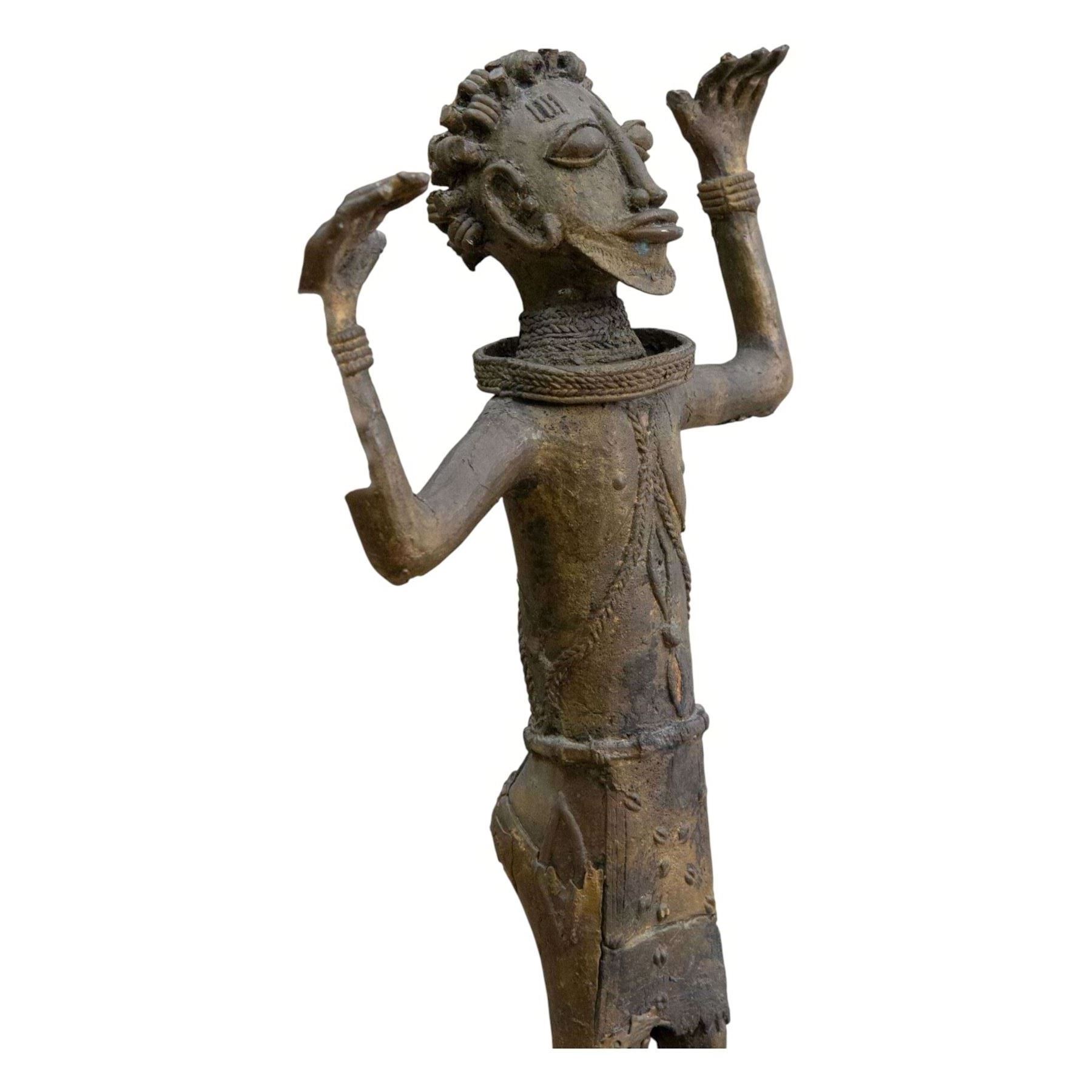 Pair of Benin bronze statures, modelled as a male and female, with armed raised, upon a square base, H76cm