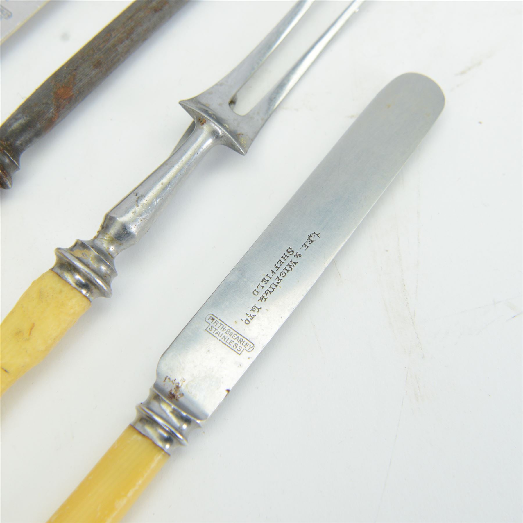 1930s part canteen of stainless steel cutlery with ivorine handles, contained within a wooden box with presentation engraving to cover