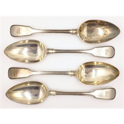  Four George III silver serving spoons double struck fiddle and thread pattern three by William Eley, William Fearn & William Chawner Lodnon 1811 approx 10.8oz  