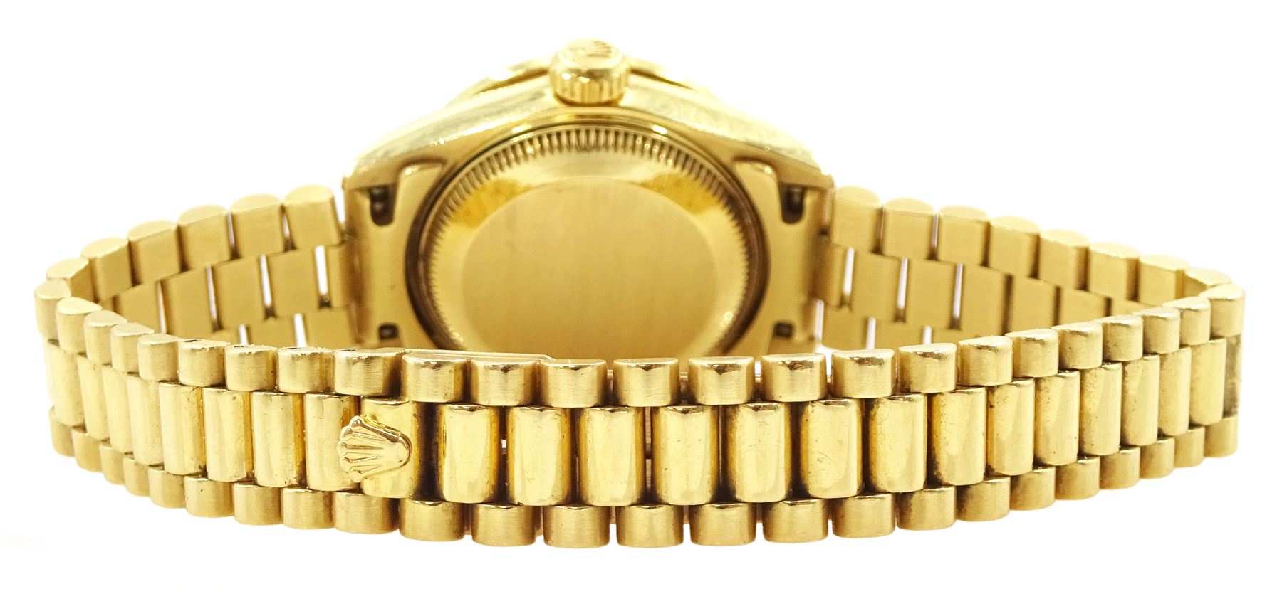 Rolex Oyster perpetual Datejust ladies 18ct gold automatic wristwatch, circa 1995, Ref. 69178, serial No. W687714, champagne dial with diamond hour markers, aftermarket diamond bezel and original gold bezel, on 18ct gold Rolex president bracelet with fold-over clasp, hallmarked, boxed with service guarantees
