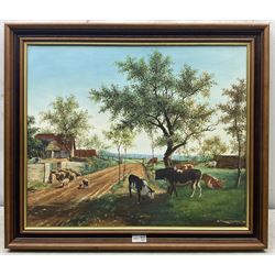A Hampton (20th century): Cattle and Sheep on the Farm, oil on canvas signed 50cm x 60cm