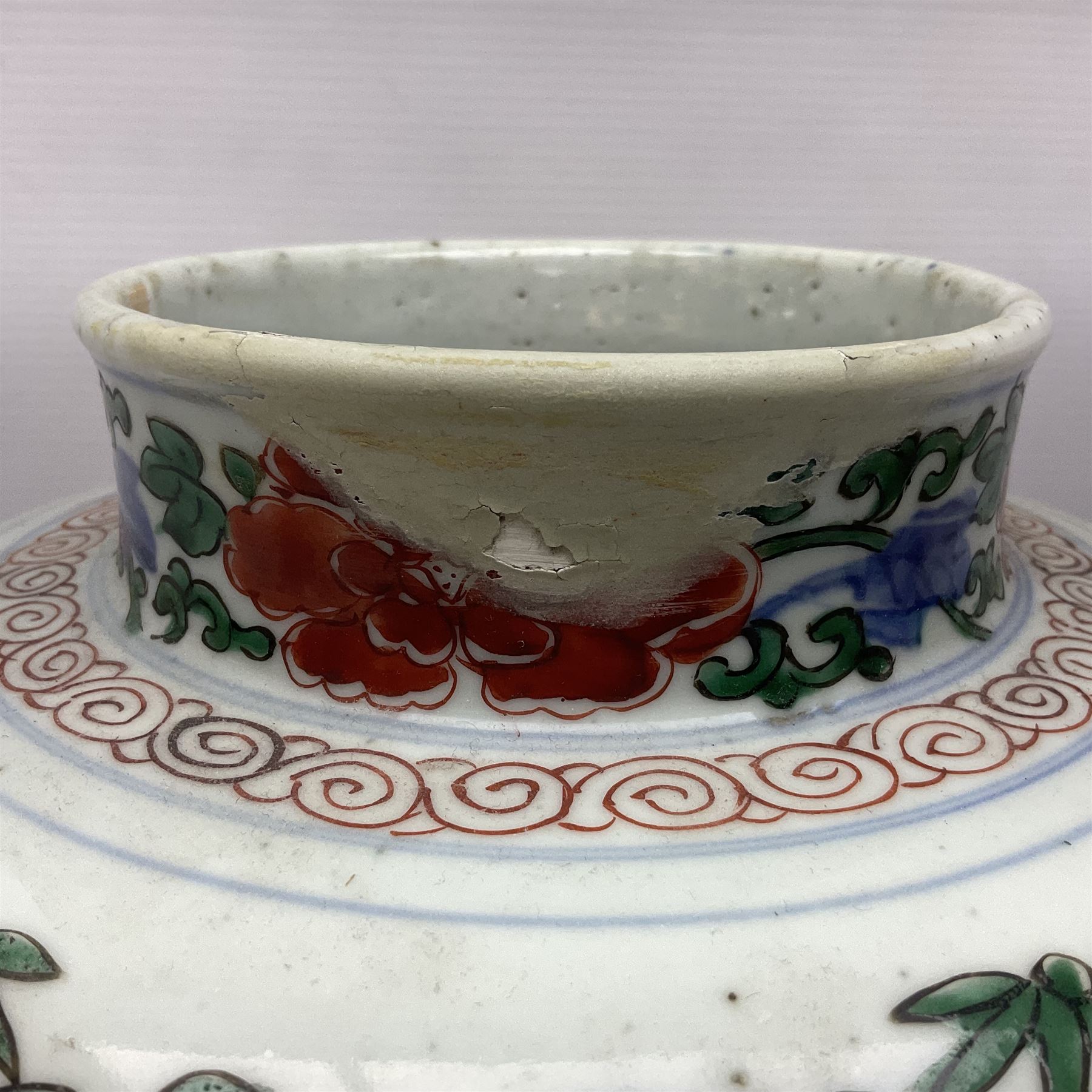 19th century Chinese Wucai vase and cover, decorated  with peacock on blue rockwork and other birds flying amongst tree peonies, H43cm