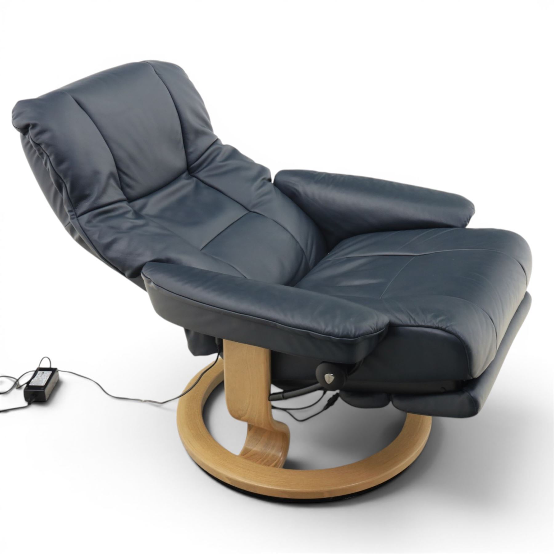 Ekornes - Stressless 'Mayfair, Classic Power' motorised swivel recliner armchair, size medium, upholstered in blue leather, raised on an oak finish frame